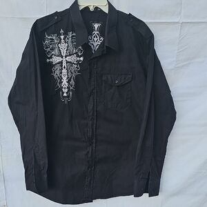 Embroidered Black Button-Up Shirt‎
